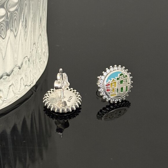 Rainbow Row Charleston Bling Earrings S925 Sterling Silver Handmade Ear Stud - Picture 2 of 3